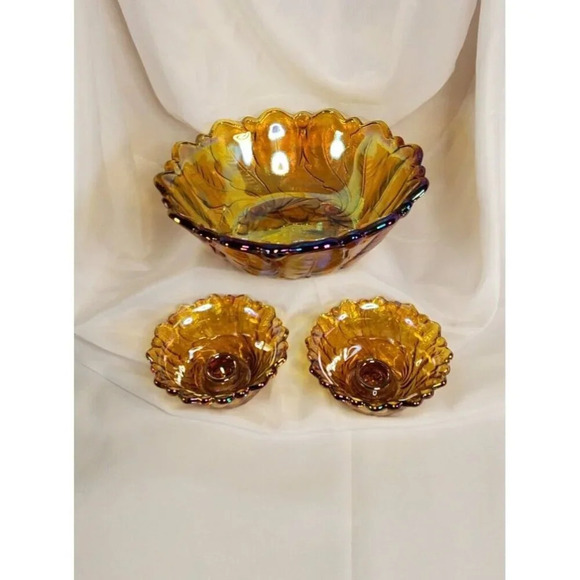 Vtg Indiana Glass Iridescent Gold Carnival Glass #1211 3pc Console Set Footed - Picture 1 of 13